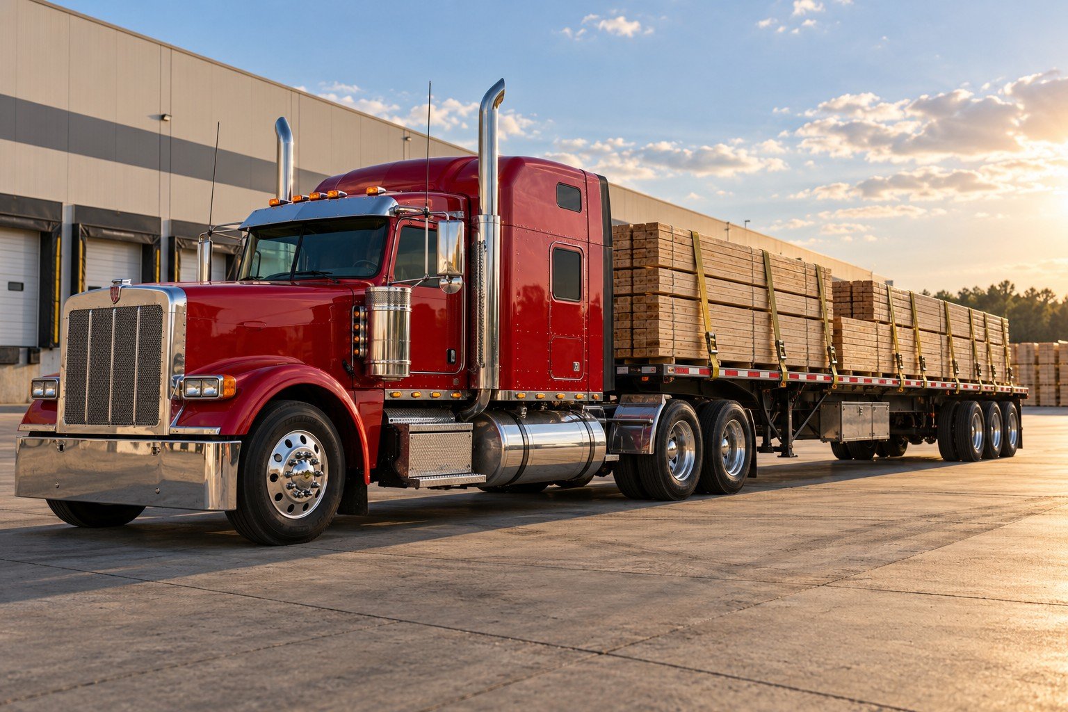 Illustrative American semi truck hauling secured lumber on a flatbed trailer