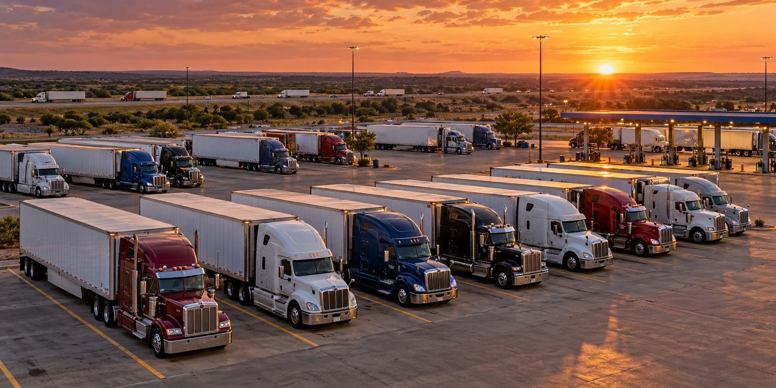 Illustrative rows of American semi trucks parked at a truck stop