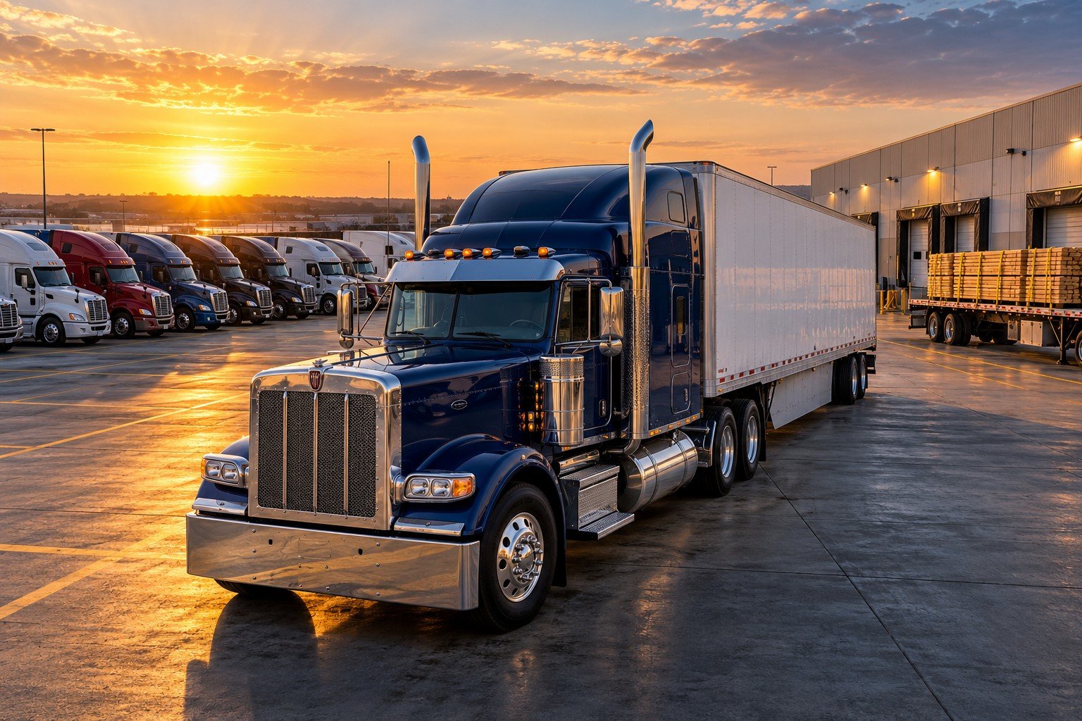 Illustrative American semi trucks at a truck parking and loading yard